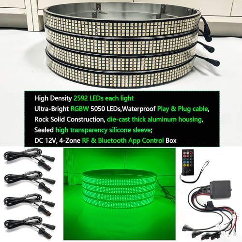 Surper Bright New 17in RGBW 4 Row Wheel Lights for Truck,APP RF 4-Zone Control,High Density 2592 LEDs RGB+White Wheel Ring Light,Brake & Courtesy Function,Music Sync Dynamic Car Rim Tire Lights