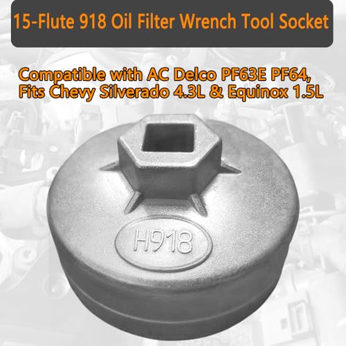 74mm 15-Flute 918 Oil Filter Wrench Tool Socket for AC Delco PF63E PF64, Fits Chevy Silverado 4.3L & Equinox 1.5L - size: 74mm H918 15 Flutes