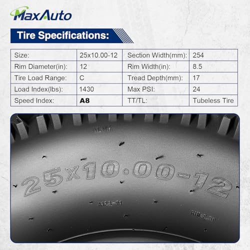 MaxAuto 25x8-12 Front & 25x10-12 Rear ATV Hilly Lawn All Terrain Tires, 6PR Tubeless, 4 Pack - size: 25x8.00-12 & 25x10.00-12