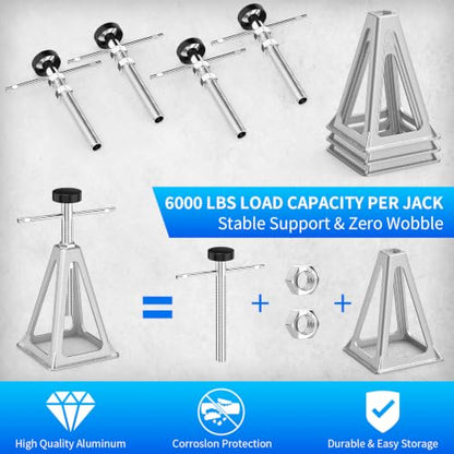 BEBOBLY RV Stack Jacks 4 Pack, Screw Jack Stands for RV Camper Travel Trailer Leveling, Aluminum Stabilizer Jacks, Single Support Unloading Up to 6000 Lbs, Adjustable from 11" to 17"