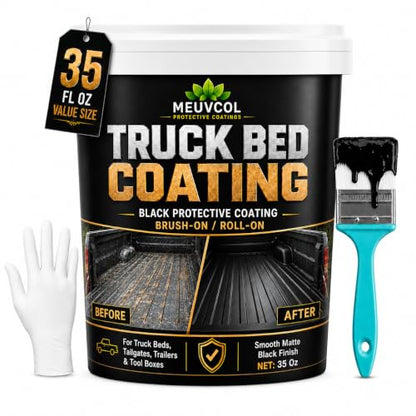 Meuvcol Truck Bed Liner Paint, 35 Oz Black Protective Coating for Pickup Beds, Tailgates, Trailers, Tool Boxes & Metal Surfaces, Brush-On or Roll-On Application with Brush, Gloves & Sandpaper