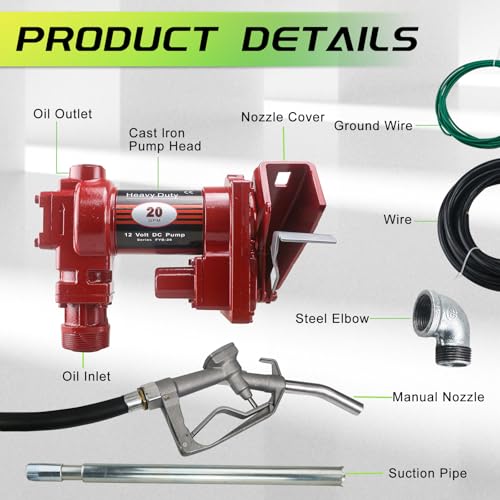 12V Fuel Transfer Pump with Manual Nozzle & Hose - color: Red