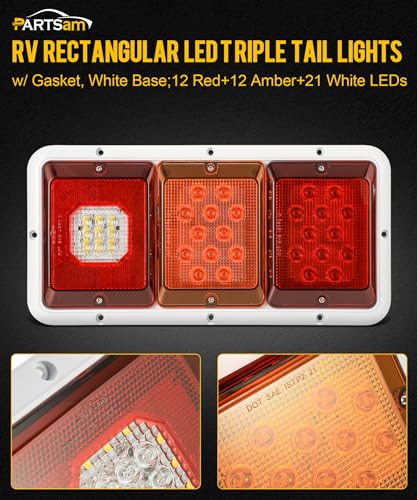 Partsam 2x LED Triple Tail Lights 45 LEDs, Rectangle Vertical Horizontal Mount LED Trailer Truck Camper RV Stop Turn Tail Lights Backup Reverse Taillights w Gasket White Base Amber/Red/Clear Lens 12V - color: White Base