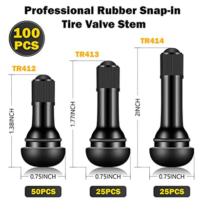 100 Pieces TR412 TR413 TR414 Tire Valve Stems Rubber Black Rubber Snap-in Valves,Tubeless Valve Stems Suit for 0.453 inch Rim Holes on Standard Vehicle Tires - size: 100pcs（TR412-50pcs、TR413-25pcs、TR414-25pcs）