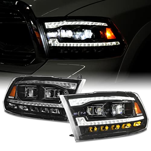AKKON - [FULL LED High/Low For 09-18 Dodge Ram 1500 2500 3500 Triple Projector Black Headlights w/Sequential Turn Signal - color: Triple Projector Black Housings