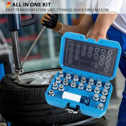 21PCS Wheel Lock Removal Kit, Fxsomgt Wheel Lock Key Automotive Wheel Anti-Theft Lock Lug Nut Screw Remover Key Socket Tool Set with 1/2 inch (12.7mm) Socket Adapter Compatible for BMW & Mini Series