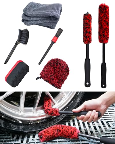 oesee 7PCS Car Wheel Rims Detail Cleaning PRO Wash Kit, Wheel Wash Mitt, Tire Brush, 2PCS Soft Wheels Brush, Detailing Brush, and Tire Dressing Pads, Microfiber Dry Towel Scratch-Free Cleaning - color: Red/Black, size: 7-Pack