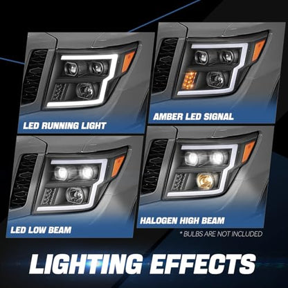 Auto Dynasty LED DRL Headlights Assembly for 2016-2024 Nissan Titan (XD) - color: Black / Amber, size: C-Style LED DRL / LED Low Beam