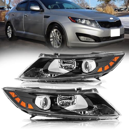 Headlight Fit for 2011-2013 KIA Optima EX LX SX,Halogen Headlamp Black Hosuing Amber Reflector Replacement Driver Passenger Side KI2502155 92101-2T121 KI2503155 92102-2T121(Not for Hybrid Models)