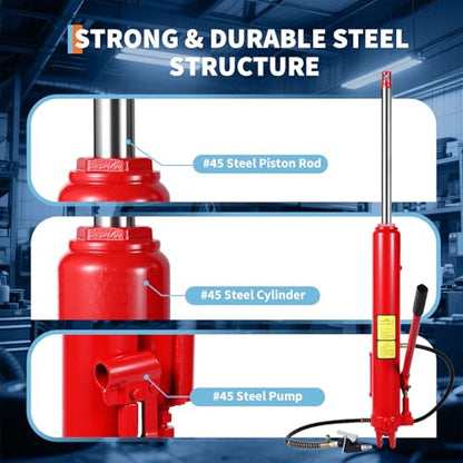 8 Ton Hydraulic Engine Hoist Cylinder with Clevis Base & Air Pump, Heavy Duty Long Ram Jack for Engine Hoists, Shop Cranes, Garage Lifts