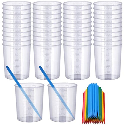 Gartful 90PCS Epoxy Mixing Cups Kit, 40PCS 100ml Disposable Graduated Cups Transparent Scale Cups with 50 Pack Pointed Stirring Sticks for Paint Mixing, Jewelry Making, Liquid Measuring - color: Clear cups+point stick, size: 100ml