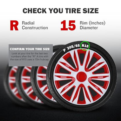 15 Inch Universal Hubcaps, Set of 4 R15 ABS Wheel Rim Cover - color: 5083-White & Red-15