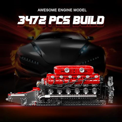 Mould King V12 Engine Model Kit that Runs - Motorized Mini Engines Building Blocks Set with Battery & Gearshift, Car Construction STEM Toy for Adults, DIY Mechanic Engineering Kit (3472+ PCS) - style: WX-10169