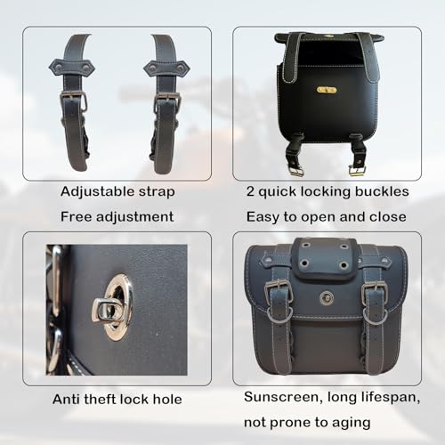 Motorcycle Saddlebags, Scooter Powersports Faux Leather Saddle Bags, Softail Universal Throw Over Sportster Saddlebags for Motorcycles Side Bag Small (10.24 x 4.72 x 8.66 inches)