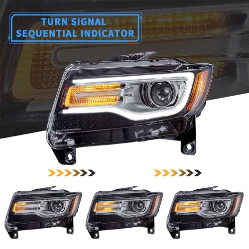 VLAND Led Headlights Compatible with Cherokee 4th Gen WK2 2011-2013 Halogen/Xenon Version w/Dynamic Animation Blue Running Light w/Sequential Turn Signal (Chrome) - color: Chrome