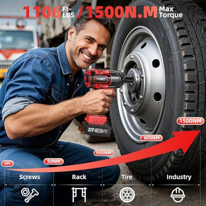 Cordless Impact Wrench 1/2", 1106Ft-lbs(1500N.m) with 2 Batteries - color: Red