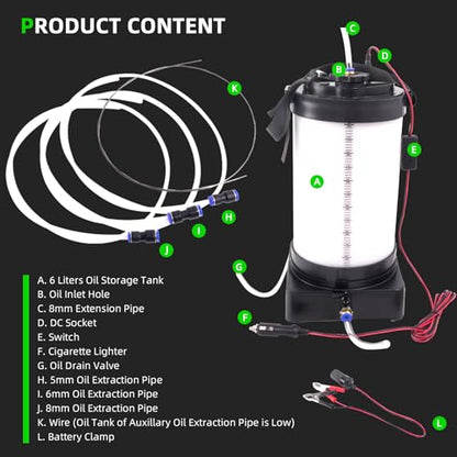 leaptrend Electric Oil Vacuum Extractor (NOT Manual), Oil Changer Fluid Extractor Pump with Cigarette Lighter and Crocodile Clip, 3 Size Oil Extraction Hose, 6L Oil Barrel w/Drain Switch