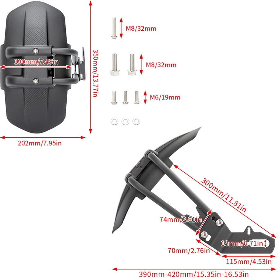 Qiilu Motorcycle Rear Mudguard, Black ABS & Stainless Steel, Universal Fit for Convex Rear Flat Fork 12-18inch Tires