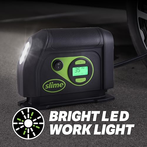 Slime 40088 Tire Inflator, Portable Car Air Compressor, Inflate Right automatic shut off, with Digital 99 psi Display, Long Hose and LED Light, 12V, 6 min inflation - style: Digital Tire Inflator