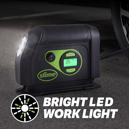 Slime 40088 Tire Inflator, Portable Car Air Compressor, Inflate Right automatic shut off, with Digital 99 psi Display, Long Hose and LED Light, 12V, 6 min inflation - style: Digital Tire Inflator