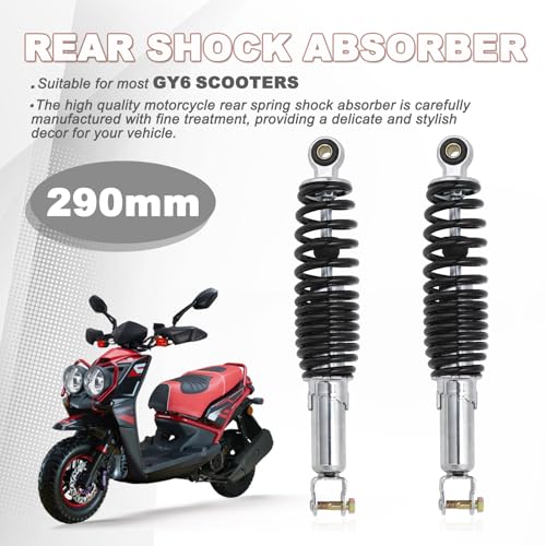 Minho Motorcycle Dual Rear Shock Absorbers with Adjustable Spring Preload in Heavy Iron Material Compatible with Chinese GY6 Scooter Mopeds Taotao Tank Jonway Roketa,290MM Length,10MM Mounting Hole - size: 290mm