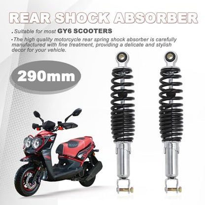Minho Motorcycle Dual Rear Shock Absorbers with Adjustable Spring Preload in Heavy Iron Material Compatible with Chinese GY6 Scooter Mopeds Taotao Tank Jonway Roketa,290MM Length,10MM Mounting Hole - size: 290mm