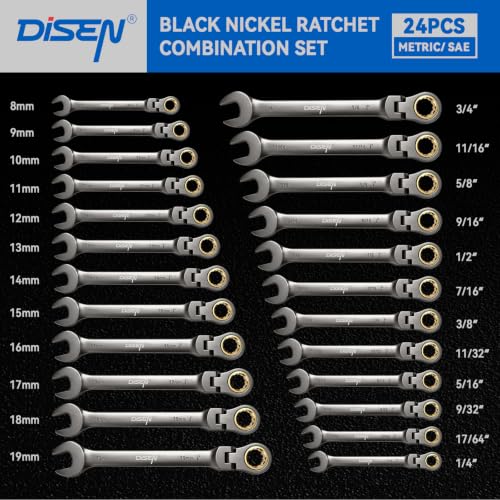 DISEN Ratcheting Wrenches Set 90 Tooth Flex-Head with Nickel Plating 24 Pcs - size: 24 MM&IN