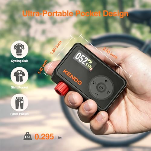 KENDO Mini Electric Bike Pump, 120 PSI Fast Inflation Portable Tire Inflator with Auto Shut-Off & Digital Gauge, USB-C Rechargeable, Presta & Schrader Compatible for Road Bike, MTB, E-Bike, Ball