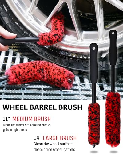 oesee 7PCS Car Wheel Rims Detail Cleaning PRO Wash Kit, Wheel Wash Mitt, Tire Brush, 2PCS Soft Wheels Brush, Detailing Brush, and Tire Dressing Pads, Microfiber Dry Towel Scratch-Free Cleaning - color: Red/Black, size: 7-Pack