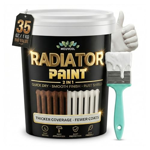 Meuvcol 2 in 1 Radiator Paint & Primer - 1000ml White Enamel Metal Paint for Radiators, Pipes & Towel Rails - Anti Rust Matte Touch Up Paint - Heat Resistant, Durable, Low Odor, Non-Yellowing