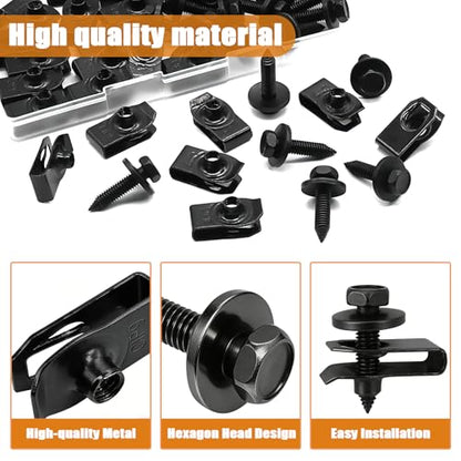 mankk 50PCS 1/4 U-Nut Clips and Fender Bolts Kit Automotive Body Fasteners - color: Black-1/4 Kit
