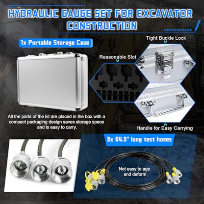 Hydraulic Pressure Gauge Test Kit 4 Gauges(10/25/40/60MPa) Tester Set with 3 Test Hoses & 13 Couplings Straight Connectors for Construction Machinery Excavator(Silver) - size: Silver 4 Gauges 13 Couplings