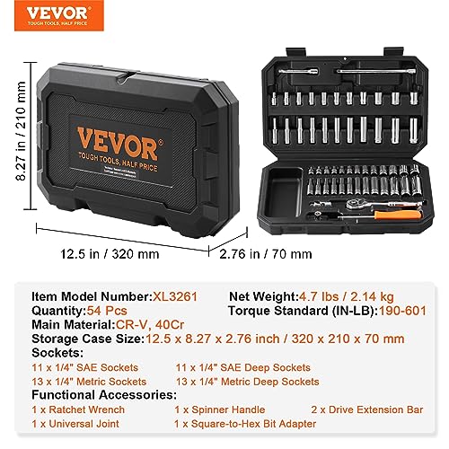 VEVOR Socket Set, 1/4 Inch Drive Socket and Ratchet Set, 6-Point Socket Opening, 54 Pieces Tool Set SAE and Metric, Deep and Standard Sockets, 5/32-9/16 in, 4-14 mm, with Accessories, Storage Case - size: 54-PCS