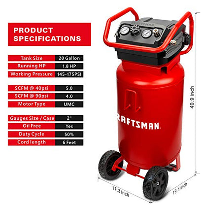 Craftsman Air Compressor, 20 Gallon Oil-Free 1.8 HP Max 175 PSI Pressure Two Quick Couplers Big Capacity, Red- CMXECXA0232043