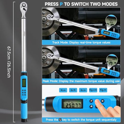 DISEN 1/2" Digital Torque Wrench 17-340Nm 4 Mode Alert 5 Unit ±2% Accuracy - size: 1/2-inch