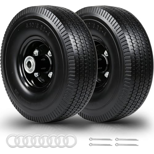4.10/3.50-4 Flat Free Tire and Wheel, 10” Solid Foam Wheels, 5/8” Bearings & 2.25” Offset Hub, for Wheelbarrows, Garden Carts, Hand Trucks and Utility Wagons - color: Black