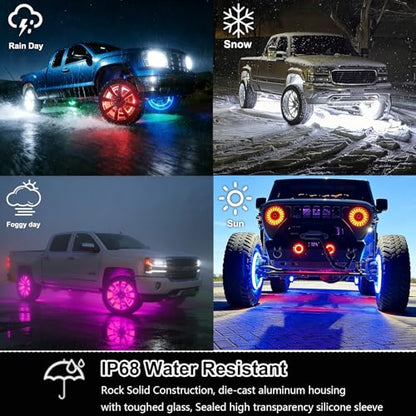 Surper Bright New 17in RGBW 4 Row Wheel Lights for Truck,APP RF 4-Zone Control,High Density 2592 LEDs RGB+White Wheel Ring Light,Brake & Courtesy Function,Music Sync Dynamic Car Rim Tire Lights