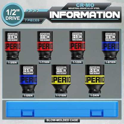 7 Piece 1/2" Drive Impact Socket Set, 1-3/8" - 1-3/4" Axle Nut Socket, SAE, CR-MO, 6 Point, Large Equipment Maintenance, Home Repair, Car Repair and More - size: 1/2" Heavy SAE