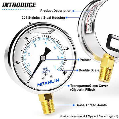 MEANLIN MEASURE 0~100Psi Stainless Steel 1/4" NPT 2.5" FACE DIAL Liquid Filled Pressure Gauge WOG Water Oil Air Lower Mount, with 1/2" NPT and 3/8" NPT Hex Bushing - size: 0-100Psi