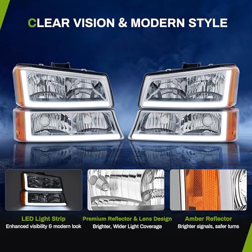 AUTOSAVER88 LED DRL Headlights Compatible with 03-06 Silverado Chrome - color: Chrome Housing Amber Reflector