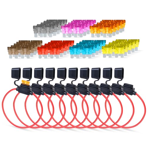 Pack of 10 Inline Fuse Holder 18AWG 1FT – Heavy Duty Automotive Blade Fuse Holder 2A/3A/5A/7.5A/10A/15A/20A Ideal for Car, Marine, Solar, and RV Applications (70 Fuses in Set) - size: 18AWG (10 Pcs)
