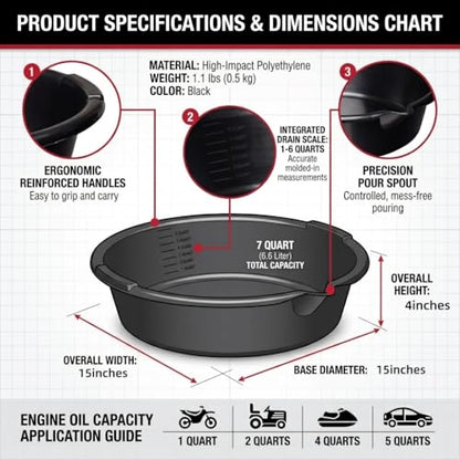 Oil Drain Pan, 7-Quart Oil Change Pan with Built-in Scale and Spout, Portable Waste Oil Catch Basin for Garage and Car Engine Maintenance, Black