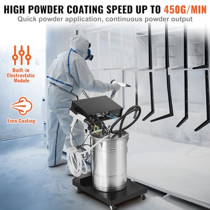 VEVOR Powder Coating System, 50W 100KV Electrostatic Output Machine with 50L Powder Hopper, 450g Per Minute Kit with Spray Gun and Trolley Base, Indoor and Outdoor - size: 500g/min