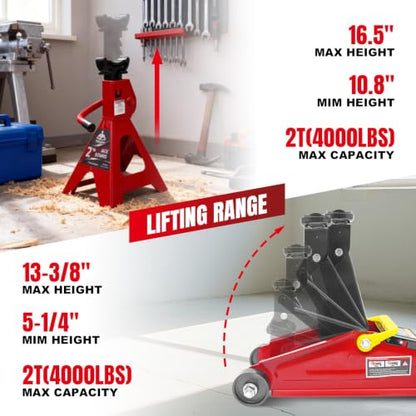 2T Hydraulic Floor Jack Combo with Two Jack Stands, 4000 lbs Capacity Trolley Service Jack Combo Red and Black - color: Red and Black, size: 2 Ton