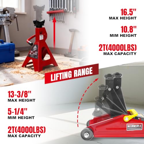 2T Hydraulic Floor Jack Combo with Two Jack Stands, 4000 lbs Capacity Trolley Service Jack Combo Red and Black - color: Red and Black, size: 2 Ton