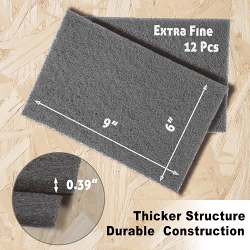 12-Pack 6"x9" Non-Woven Scuff Pads - Gray P800 - Aluminum Oxide Abrasive for Scouring, Sanding, Paint Primer Prep - Automotive, Auto Body, Woodworking, Surface Preparation (Gray) - color: Gray