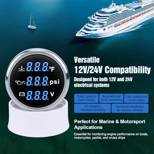 Triple Gauge Set 3in1,Water Temp (104°F-248°F), Oil Pressure (0-145PSI), Voltmeter (9-32V), AUTO Gauge with Digital Display Alarms for Cars Trucks Boats (Blue) - color: Blue