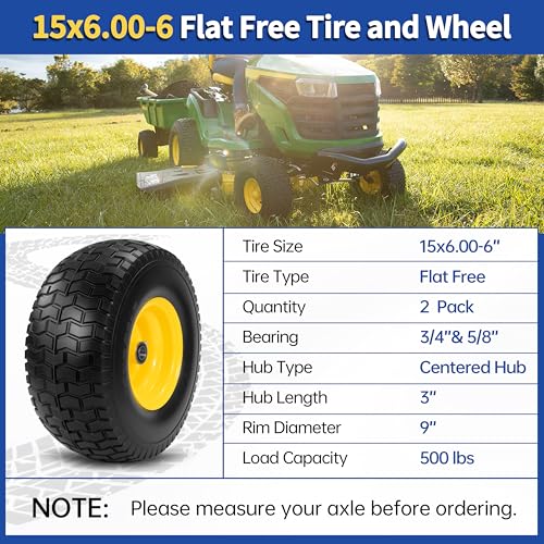 2 Pcs 15x6.00-6 Flat Free Lawn Mower Tire and Wheel, 3/4" & 5/8" Bearings - size: 2 Pcs 15x6.00-6 Flat Free