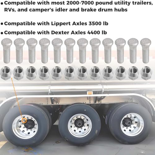 12Sets 1/2-20 Inch Wheel Stud with Nuts for Trailer Compatible with Lippert Axles 3500 lb, Compatible with Dexter Axles 4400 lb with 1/2"-20 UNF Thread Size, Wheel Studs - size: 12Sets