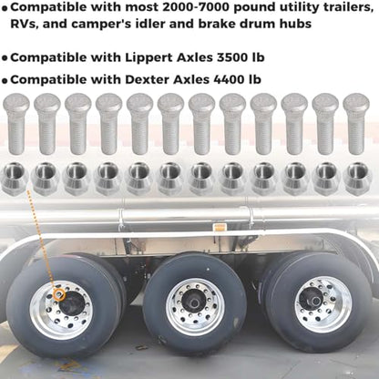 12Sets 1/2-20 Inch Wheel Stud with Nuts for Trailer Compatible with Lippert Axles 3500 lb, Compatible with Dexter Axles 4400 lb with 1/2"-20 UNF Thread Size, Wheel Studs - size: 12Sets